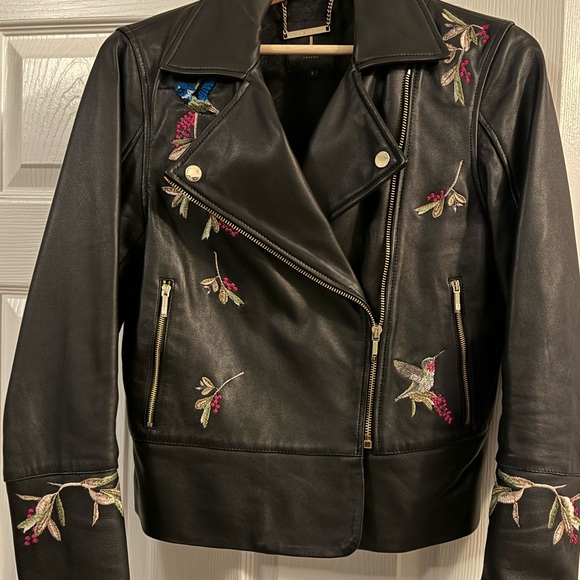 Ted Baker Black Leather Jacket with Floral Embroidery Size 3 equals US Size 8 - Picture 3 of 10